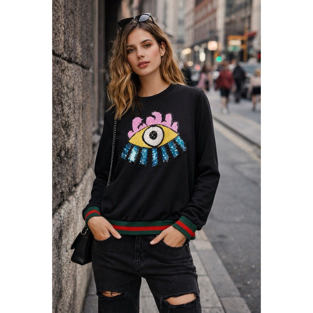 Women Sequin Eye Graphic Sweatshirt Black Long Sleeve Crew Neck Size S
